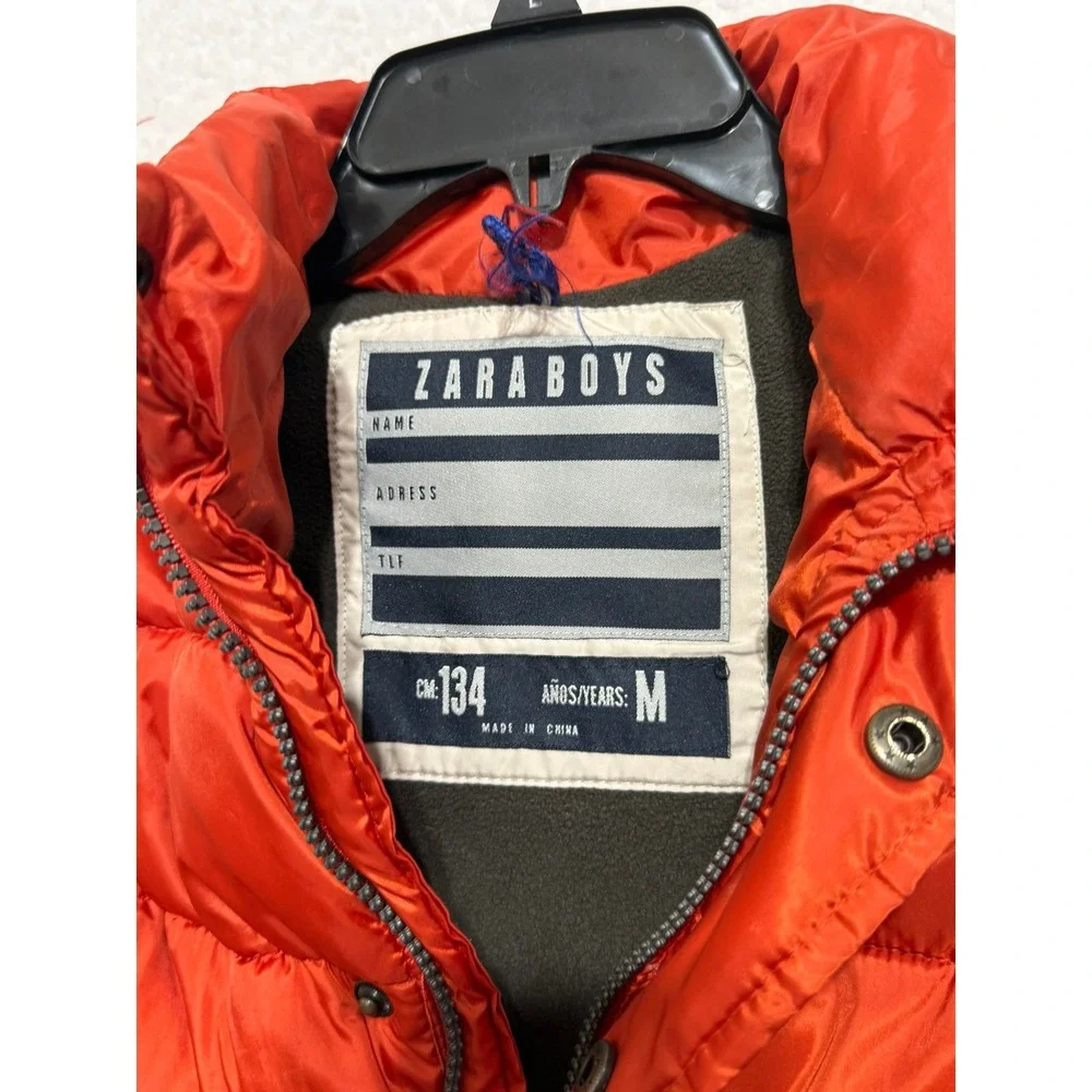 ZARA BOYS Orange Puffer Vest Quilted‎ Padded Hooded Zip Up Pockets Size M